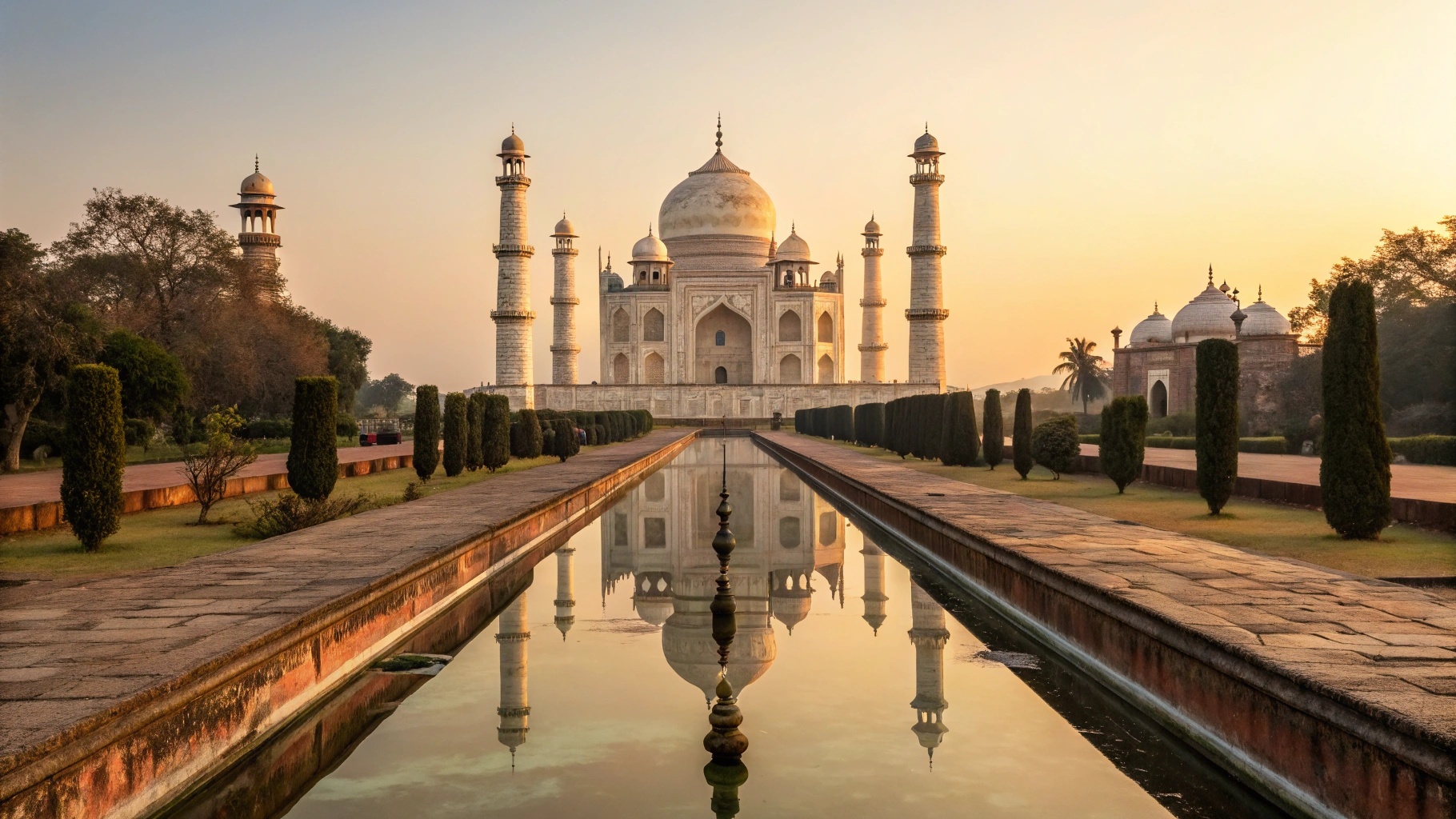 Bibi ka Maqbara at golden hour with warm light and garden water reflections