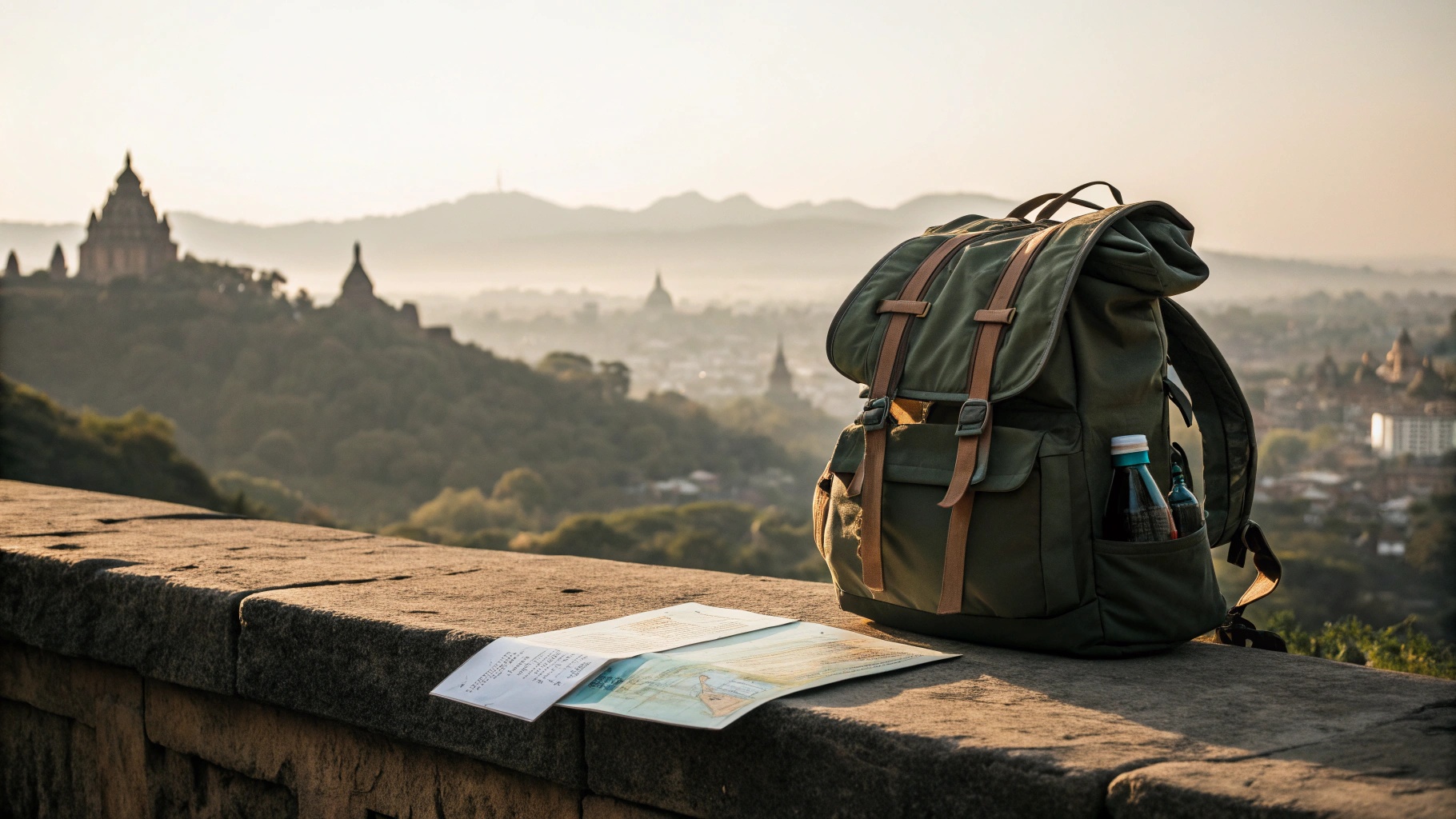 Daypack and paper map on a stone ledge overlooking Sambhajinagar ridges in late afternoon light
