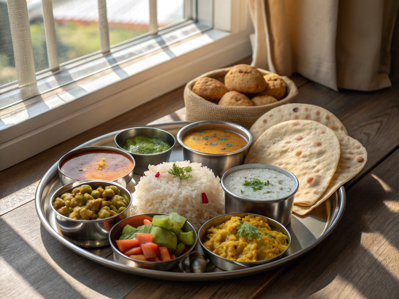 Deccan thali with vegetarian items, breads, rice, lentils and pickles in natural window light