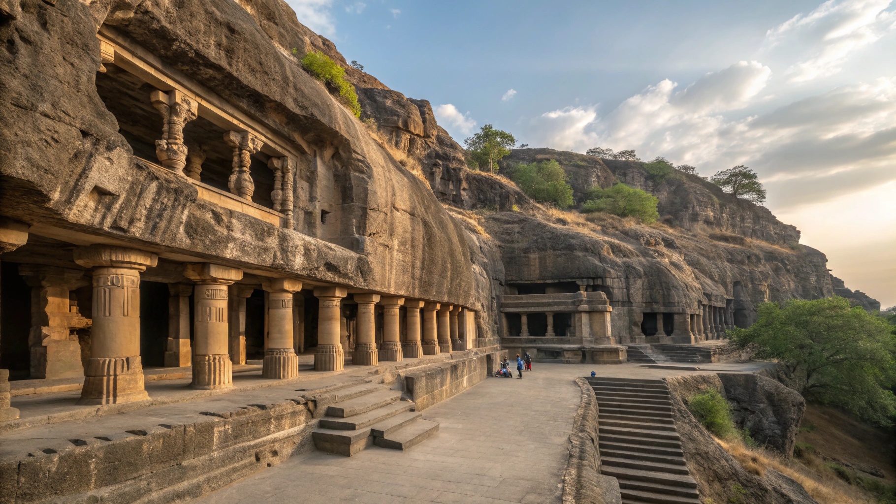 Ellora Caves cliff colonnades and cave façades, side-lit basalt textures